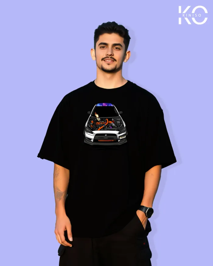Image of Black color drop shoulder t-shirt with Racing Car Hood Open Print for men at reasonable price